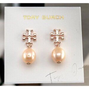 ✺ Tory Burch Logo Pearl Drop Earrings Rose Gold